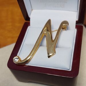 Initial N Goldtone Brooch With Crystal Nancy Nina